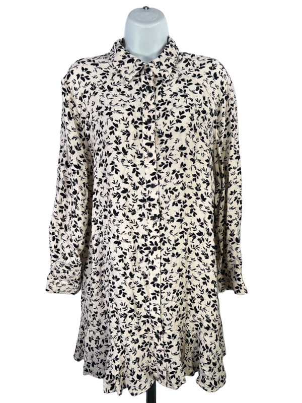 Zara Women's Beige/Black Floral Long Sleeve Button Up Ruffle Hem Mini Dress - L