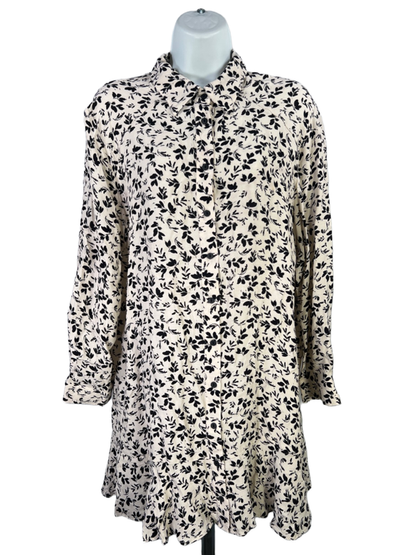 Zara Women's Beige/Black Floral Long Sleeve Button Up Ruffle Hem Mini Dress - L