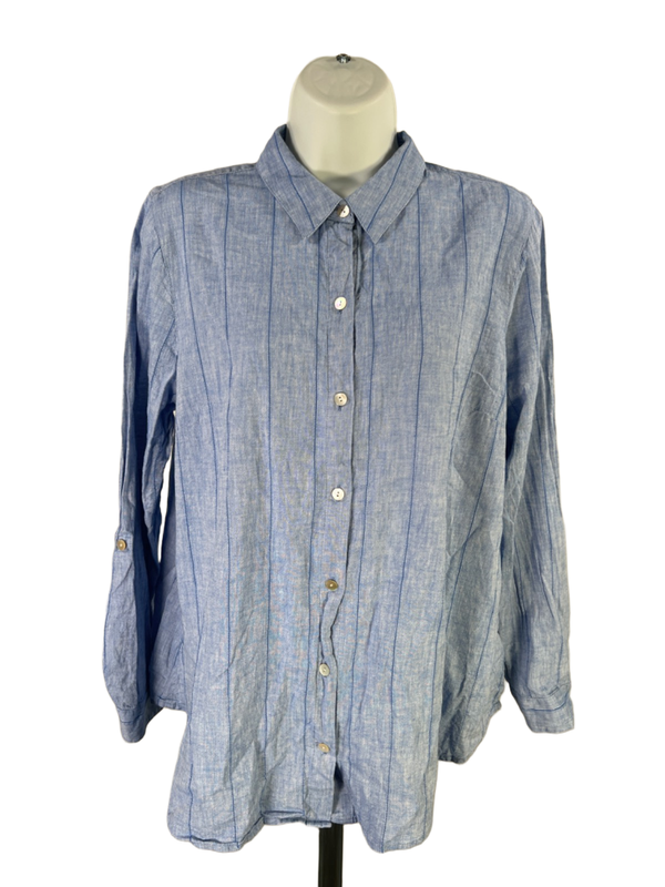 J Jill Women's Blue Striped Linen Blend Long Roll Sleeve Button Up Shirt - M