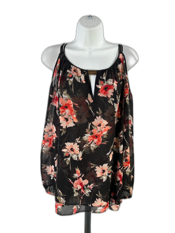 White House Black Market Womwn's Black Floral Semi Sheer Blouse - XL Petite