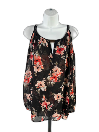 White House Black Market Womwn's Black Floral Semi Sheer Blouse - XL Petite