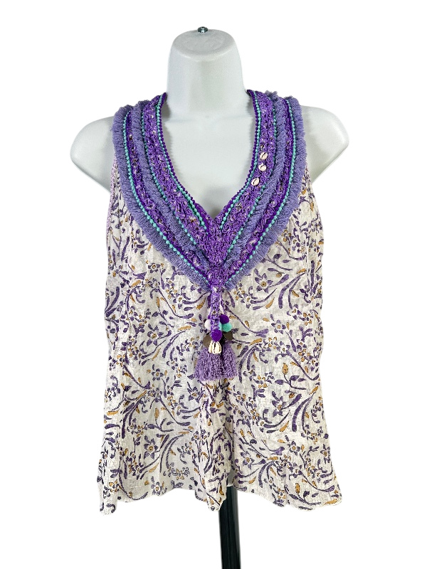 Poupette St Barth Women's Purple Semi-Sheer Floral Fringe Trim Tank Top - XS