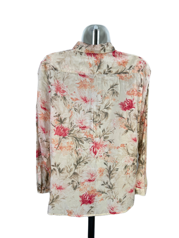 J Jill Women's Beige Floral Sheer Long Sleeve Button Up Shirt - M Petite image 2