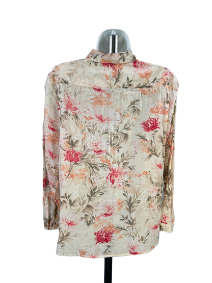 J Jill Women's Beige Floral Sheer Long Sleeve Button Up Shirt - M Petite image 2