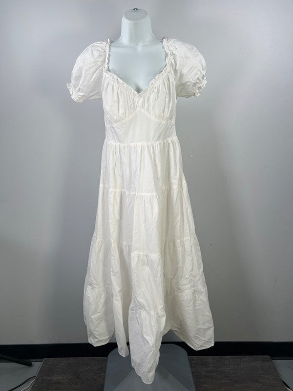 ASTR Women's White Tiered Short Puff Sleeve Midi Dress - M