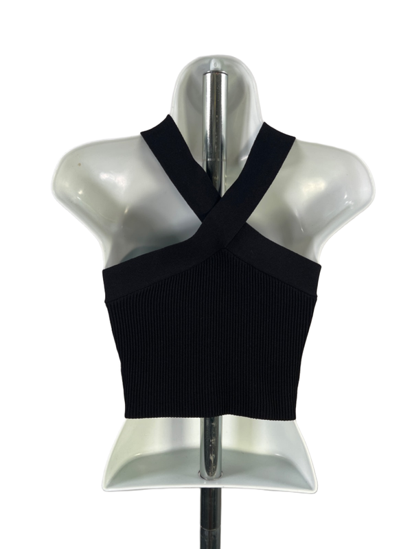 Babaton By Aritzia Women's Black Ribbed Sleeveless Cropped Halter Neck Top - M image 2
