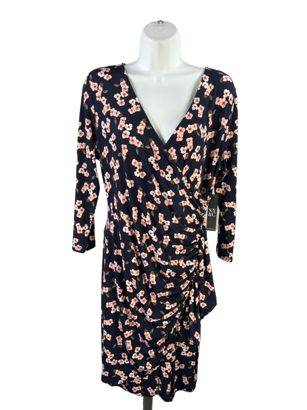 New York & Company Women's Blue Floral Faux Wrap 3/4 Sleeve Mini Dress - M
