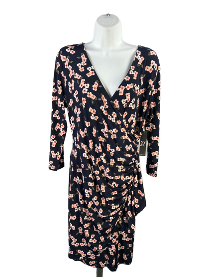 New York & Company Women's Blue Floral Faux Wrap 3/4 Sleeve Mini Dress - M