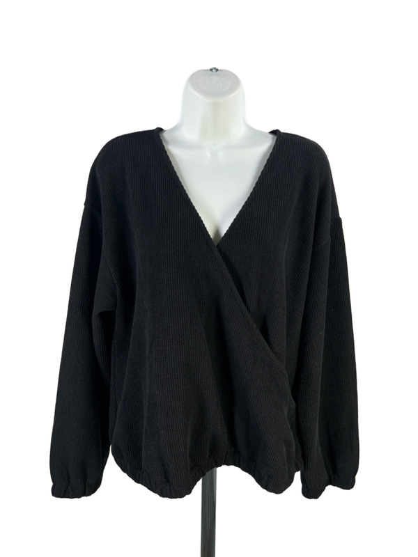 Madewell Women's Black Ottomon Knit Faux Wrap Long Sleeve Sweater - 1X Plus