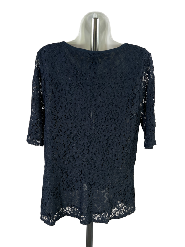 Ann Taylor Women's Navy Blue Lace Semi-Sheer Lined Elbow Sleeve Blouse - XL image 2