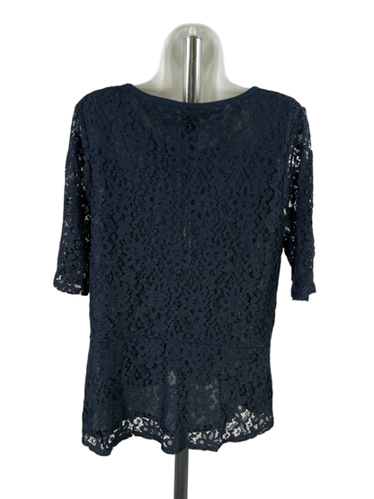 Ann Taylor Women's Navy Blue Lace Semi-Sheer Lined Elbow Sleeve Blouse - XL image 2