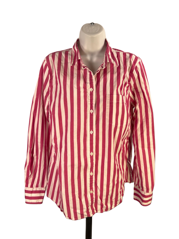 J.Jill Women's White/Pink Striped Long Sleeve Button Up Shirt - L