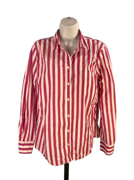 J.Jill Women's White/Pink Striped Long Sleeve Button Up Shirt - L