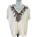 Chico's Women's White/Brown Embroidered Short Sleeve T-Shirt - 1/US M