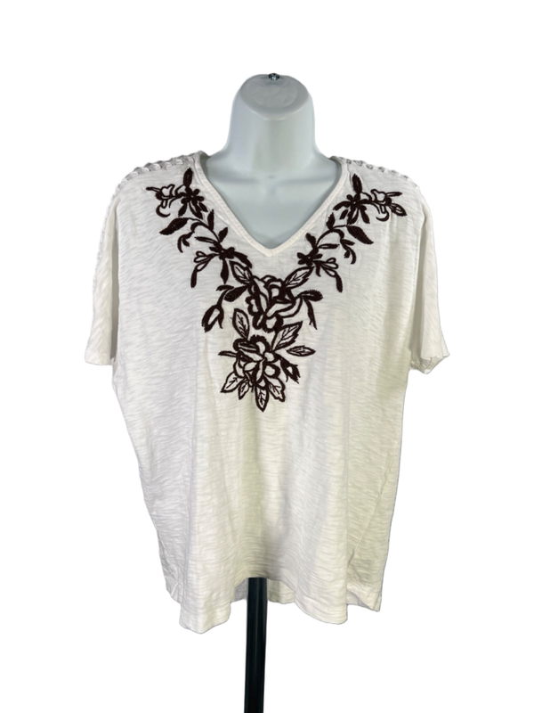 Chico's Women's White/Brown Embroidered Short Sleeve T-Shirt - 1/US M