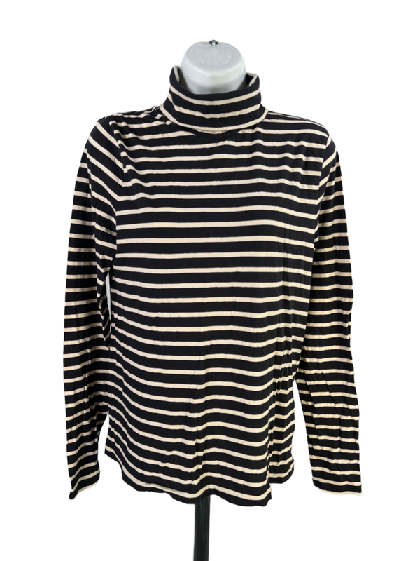 J Crew Women's Black/Beige Striped Long Sleeve Turtleneck Shirt - L