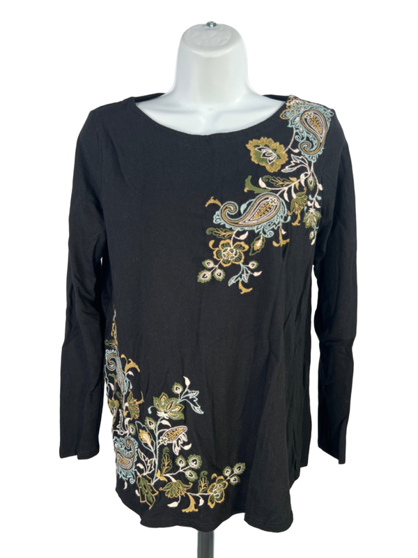 J Jill Women's Black Embroidered Floral Paisley Long Sleeve Shirt - XS