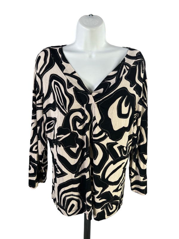 Chico's Women's White/Black Travelers Metallic V Neck 3/4 Sleeve Blouse - 2/US L