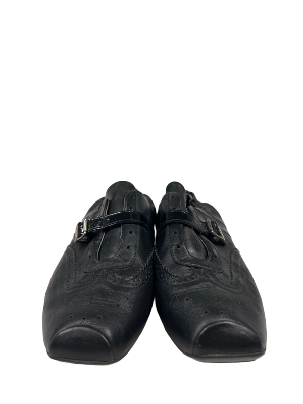 Hogan Women's Black Leather Square Toe Buckle Strap Flat Shoes - 38/US 7 image 2