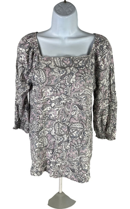 J.Jill Women’s Gray/White Paisley 3/4 Sleeve Smocked Square Neck Shirt - XS image 2