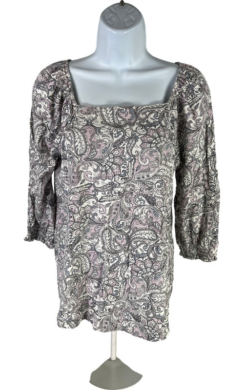 J.Jill Women’s Gray/White Paisley 3/4 Sleeve Smocked Square Neck Shirt - XS image 2
