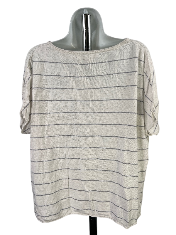 Max Studio Women's White Striped Short Sleeve Linen T-Shirt - M image 2