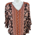 Cynthia Rowley Women's Black/Brown Paisley Ruffle Trim 3/4 Sleeve Blouse - XS