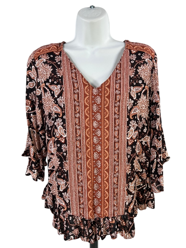 Cynthia Rowley Women's Black/Brown Paisley Ruffle Trim 3/4 Sleeve Blouse - XS