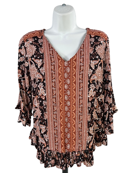 Cynthia Rowley Women's Black/Brown Paisley Ruffle Trim 3/4 Sleeve Blouse - XS