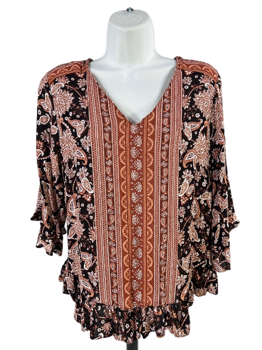Cynthia Rowley Women's Black/Brown Paisley Ruffle Trim 3/4 Sleeve Blouse - XS