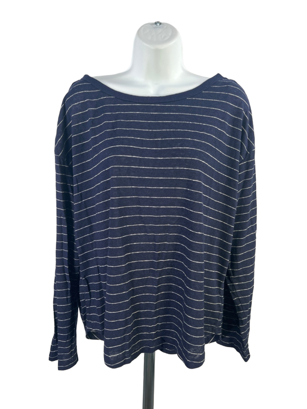 Gap Women's Blue/White Striped Linen Blend Long Sleeve Tee Shirt - L