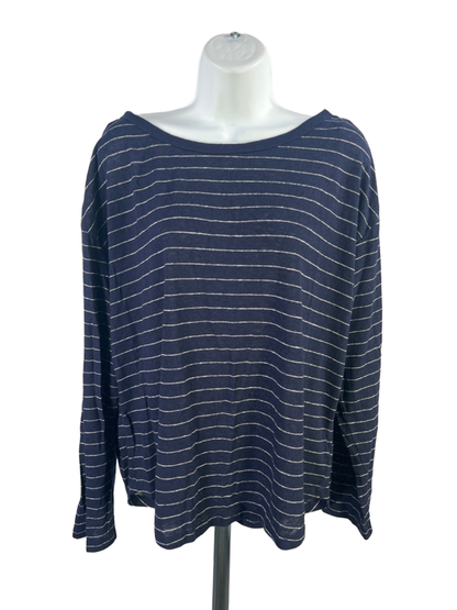 Gap Women's Blue/White Striped Linen Blend Long Sleeve Tee Shirt - L