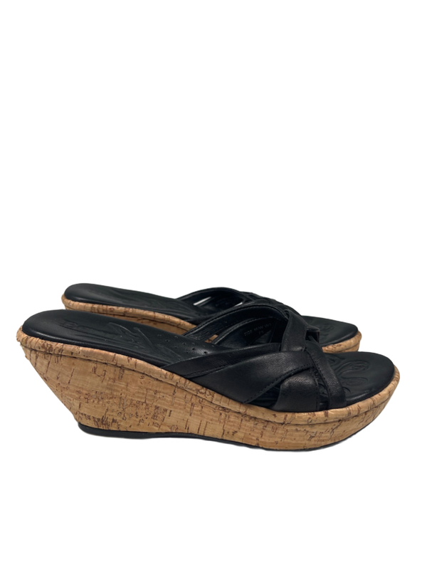 Born Women's Black Turbie Leather Cork Strappy Slide On Wedge Sandals - 7.5