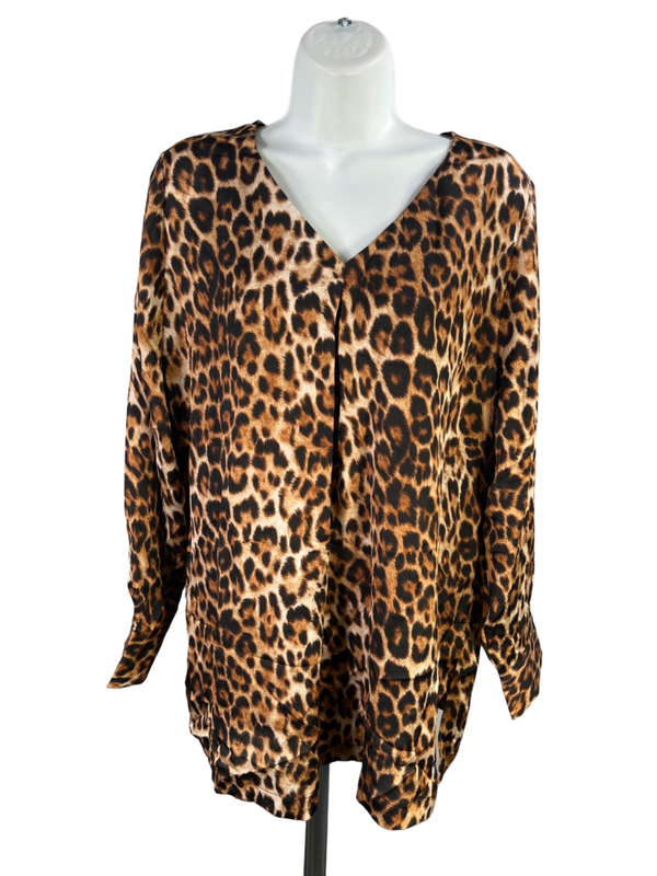 Chico's Women's Brown/Black Leopard Print V Neck Long Sleeve Blouse - 2/US 12-14