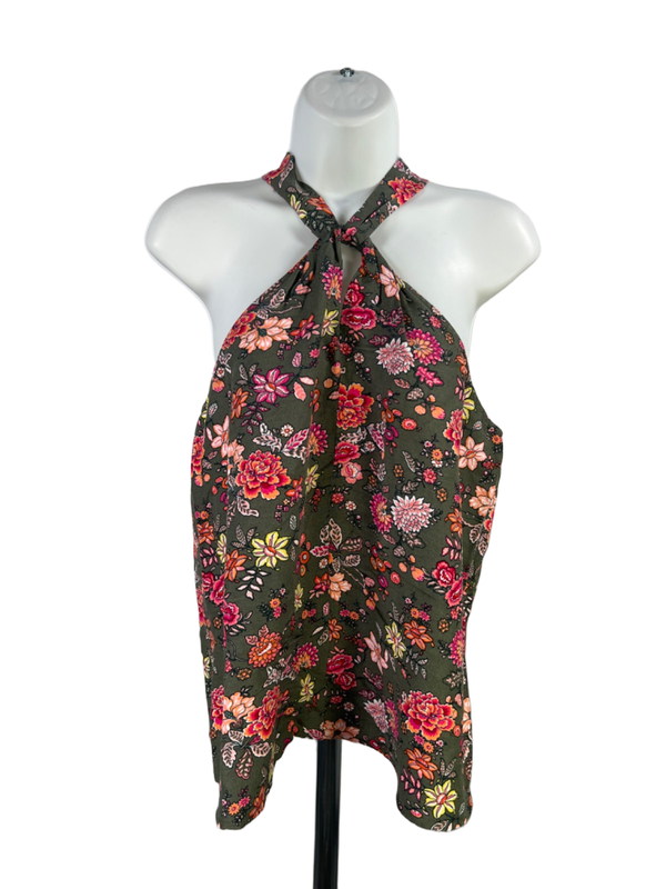 Loft Women's Green Linen Blend Floral Halter Keyhole Sleeveless Top - M