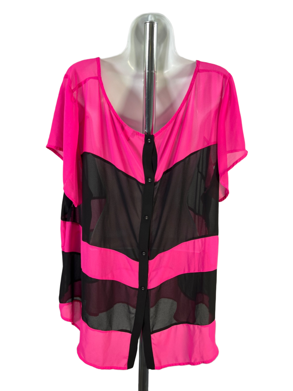 Torrid Women's Pink/Black Chiffon Sheer Button Back Short Sleeve Blouse - 3 Plus image 2