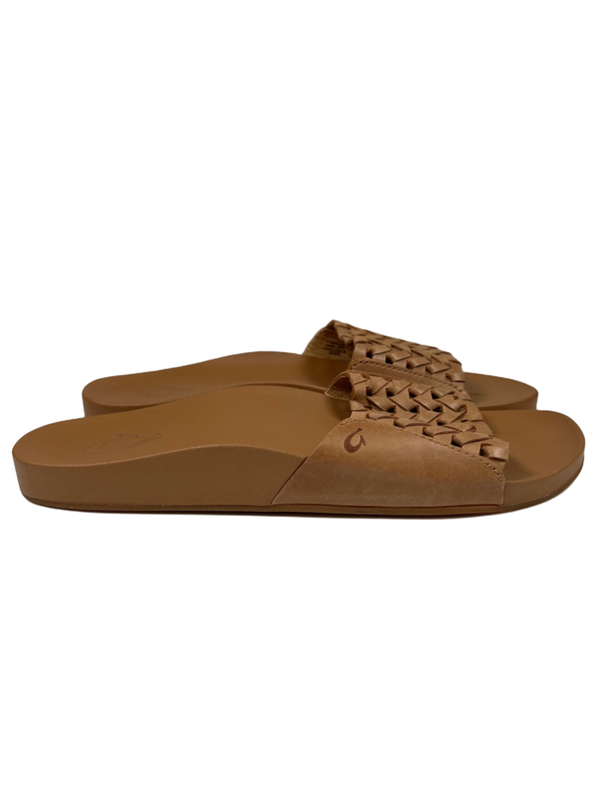Olukai Women's Tan Leather Woven Kamola Slide Sandals - 9