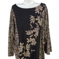 Chico's Women's Black/Tan Floral Boat Neck 3/4 Flare Sleeve Blouse - 3/US XL