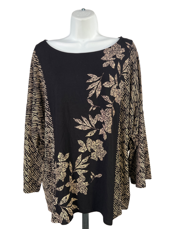 Chico's Women's Black/Tan Floral Boat Neck 3/4 Flare Sleeve Blouse - 3/US XL