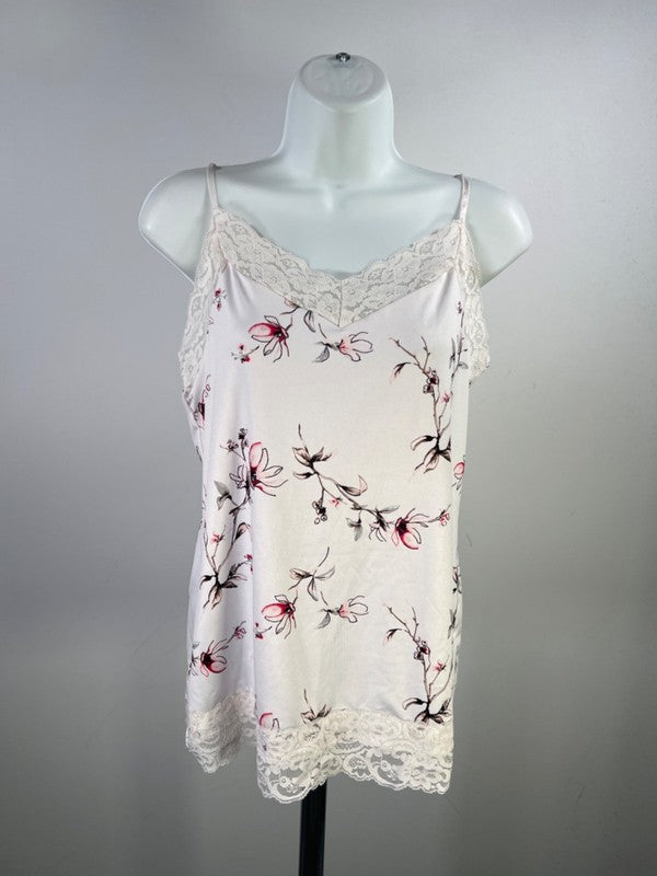 White House Black Market Women's White Floral Lace Trim Cami Tank Top - L