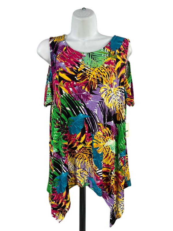 Rafaella Women's Multicolor Short Cold Shoulder Sleeve T-Shirt - L Petite