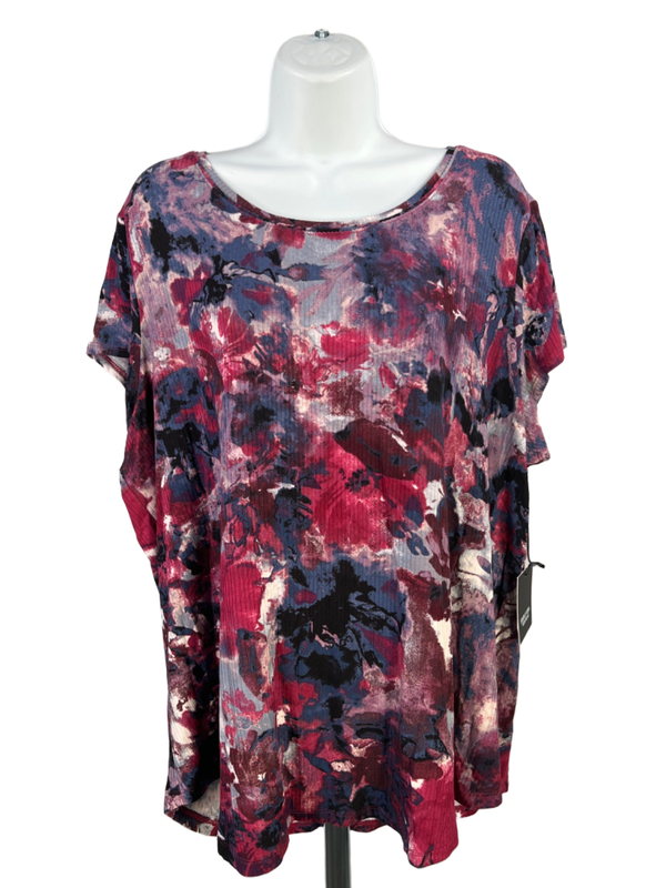 Simply Vera Women's Purple Ribbed Floral Watercolor Short Cap Sleeve Shirt - XXL