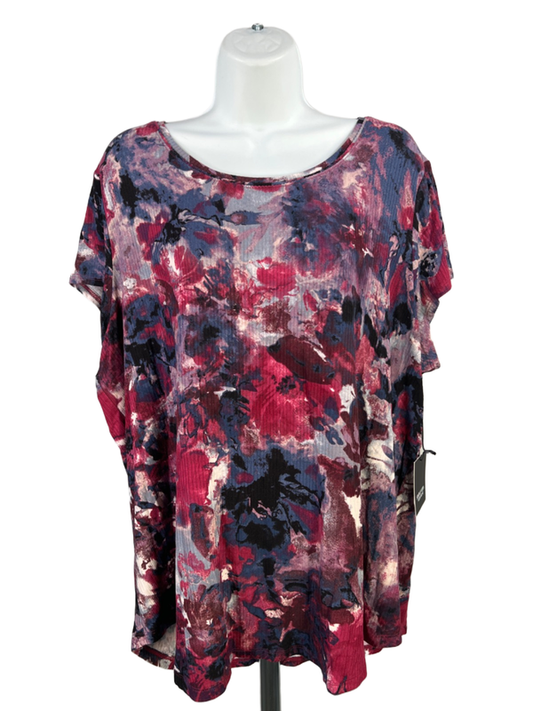 Simply Vera Women's Purple Ribbed Floral Watercolor Short Cap Sleeve Shirt - XXL