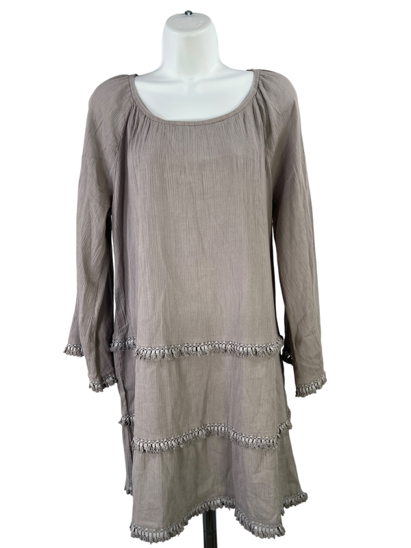 Soft Surroundings Women's Gray Fringe Trim 3/4 Sleeve Short Dress - M