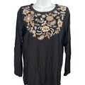 J Jill Women's Black Embroidered Floral Pleated Back Long Sleeve Shirt - XS