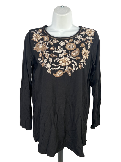 J Jill Women's Black Embroidered Floral Pleated Back Long Sleeve Shirt - XS
