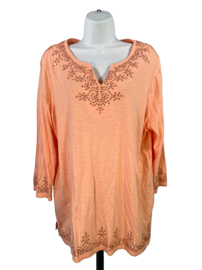 Chico's Women's Orange Sequin Front 3/4 Sleeve V-Neck Shirt - 2/US L