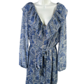 Michael Kors Women's Blue Paisley Ruffle Trim Long Sheer Sleeve Shift Dress - XL