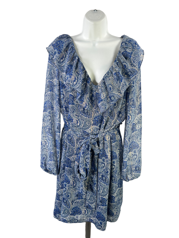 Michael Kors Women's Blue Paisley Ruffle Trim Long Sheer Sleeve Shift Dress - XL