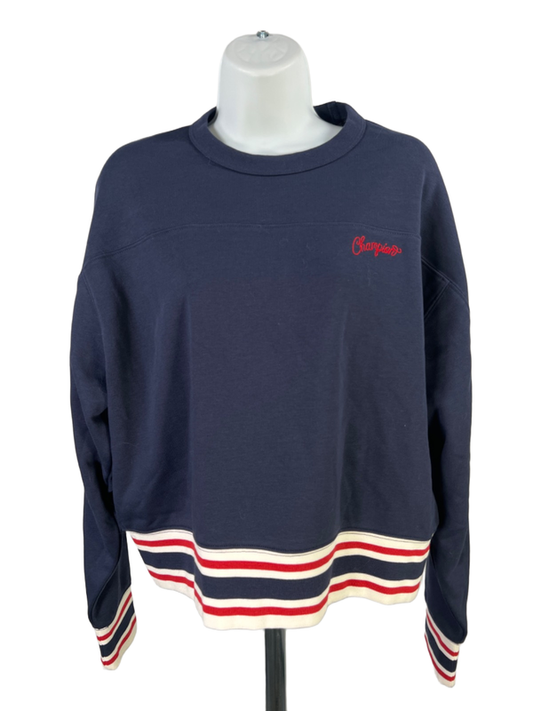Champion Women's Navy Blue Striped Hem Elective Cropped Crewneck Sweatshirt - L